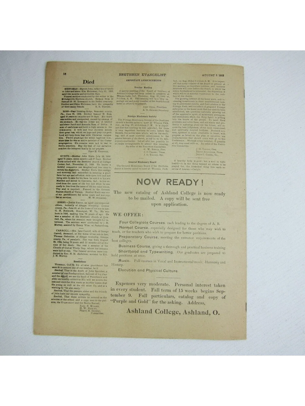 Brethren Evangelist Christian Newspaper Ashland Ohio Antique August 6, 1902 RARE